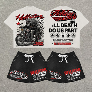 Ensemble t-shirt et short pour homme, noir imprimé, style streetwear, vêtements d'été, polyester respirant, col rond - Product Image 4