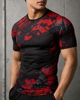 T-shirt de sport respirant à manches courtes pour homme, imprimé camouflage noir et rouge, séchage rapide, en spandex, anti-transpiration, vente chaude