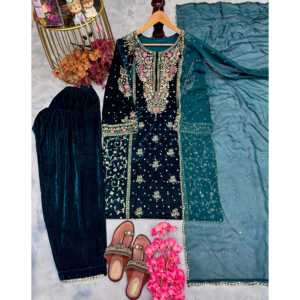 Conjuntos de diseñador para mujer Heavy Pure Viscose Velvet Top Plazzo y Dupatta para aspecto de fiesta - Product Image 1