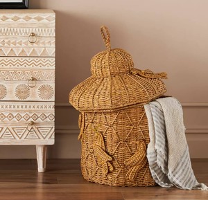 Premium Woven Seagrass Laundry <b>Basket</b> Unique 3D Bird Round Storage Hamper Cool Wicker Clothes Bin <b>with</b> Conical <b>Lid</b> - Product Image 2