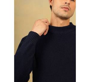 Pull en tricot épais pour homme, personnalisé, chaud pour l'hiver, bleu marine, texture gaufrée, col haut, décontracté, épais - Product Image 1