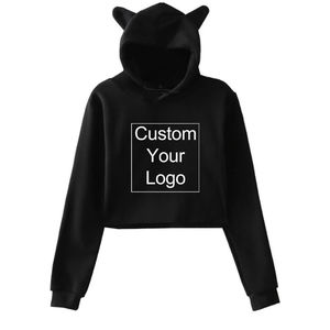 Custom Logo Women's Pink Cropped <b>Hoodie</b> <b>With</b> <b>Cat</b> <b>Ears</b> Applique Casual Sweatshirt Front Print Design - Product Image 2
