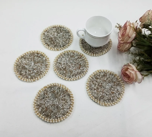 Handmade white and gold round <b>beaded</b> <b>coasters</b> - Set of 6 by whimsy art craft - Product Image 3