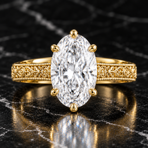 Anillo de Diamante Ovalado Cultivado en Laboratorio de 2CT, Certificado IGI, Oro Amarillo Sólido de 14K, Anillo de Compromiso Vintage Grabado, Proveedor Directo - Product Image 1
