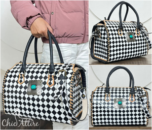 Western Black & White Checkered 15" Speedy Bag with Teal Concho Women's Designer Hand <b>Tooled</b> Cow <b>Leather</b> Travel Duffel Carry Bag - Product Image 1