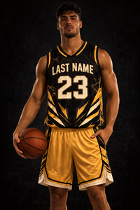 Uniforme de basket-ball personnalisé par sublimation, maillot respirant en polyester, shorts, vêtements de sport pour l'entraînement d'équipe, noir doré, nouveau design - Product Image 2