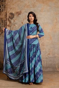 Premium Blue 60x60 Cotton Skirt and Short <b>Kurti</b> Set with Leheriya Print Flared Maxi Skirt and Matching Dupatta <b>for</b> <b>Women</b> - Product Image 2