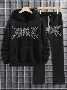 Men's 2 Piece Outfits Letter Graphic Print Long Sleeve Pocket Sweatshirt and Sweatpants Tracksuit <b>Set</b> - Product Image 2