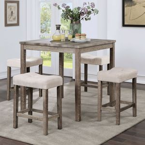 Transitional 5pc Counter Height <b>Dining</b> Set Gray HT <b>Table</b> with 4 Linen-Beige Cushion Seat <b>Stools</b> for Your <b>Dining</b> Room - Product Image 1