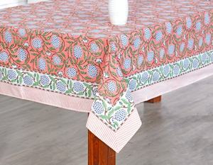 Wedding <b>Tablecloth</b> Salmon Pink Sage Green Delft Blue Indian Hand Block Printed <b>Tablecloth</b> Table Cover Linen Set - Product Image 5