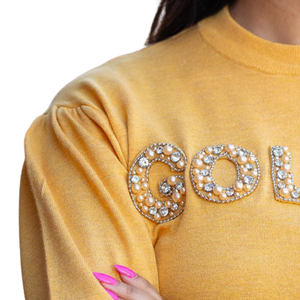   Suéter Amarillo Dorado de Manga Corta para Mujer, Jersey Bordado con Letras Griegas, Cuello Redondo, Estilo Casual, Venta al Por Mayor - Product Image 2
