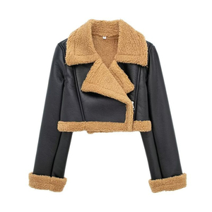 Women's Faux <b>Leather</b> Shearling Moto <b>Jacket</b> With Fur Trim Zipper Closure Short Winter Coat Full Sleeve Windproof Style - Product Image 4