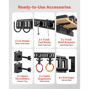 Kit 4 Pezzi Binario E-Track da 40 cm con 2 Ganci a U, 2 Portautensili, 2 Staffe per Ripiani, 2 Accessori per il Controllo del Carico Pneumatici - Product Image 3