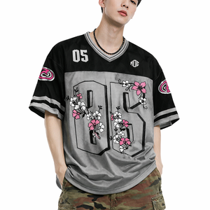 Maillot de football américain tendance pour homme, col en V en maille, imprimé floral, numéro, coupe oversize, streetwear, personnalisable, fabricant OEM en gros, USA - Product Image 3