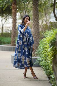 Vestido midi de algodón con estampado floral para mujer – Vestido informal holgado con estampado en línea A y mangas 3/4 - Product Image 4