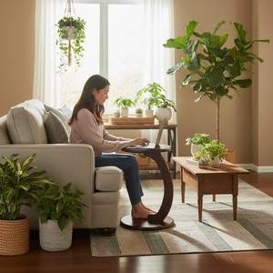 Mesa Auxiliar de Madera en Forma de C para Sofá y Cama |   Mesa para Portátil de Madera Maciza |   Mesa Auxiliar Compacta para Sala de Estar, Dormitorio y Oficina - Product Image 1