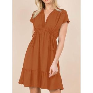 Abito Mini Casual da Donna Taglia Media, Arancione, con Scollo a V, Volant, Maniche Corte, Coulisse e Gonna Fluida a Trapezio per Uso Quotidiano - Product Image 3