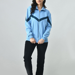 Chaqueta Deportiva Azul Claro para Mujer, Manga Larga, Cuello Alto, Cierre de Cremallera, Bloques de Color en Contraste, Tejido de Poliéster, Ropa de Otoño - Product Image 2