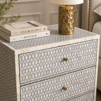 Table de chevet vintage à 3 tiroirs avec incrustations en os et résine, plateau aspect marbre, meuble de rangement pour chambre à coucher