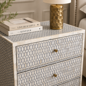 Vintage 3 Drawer Nightstand Bone and <b>Resin</b> Inlay Bedside <b>Table</b> Marble Look <b>Top</b> Bedroom Storage Cabinet - Product Image 4