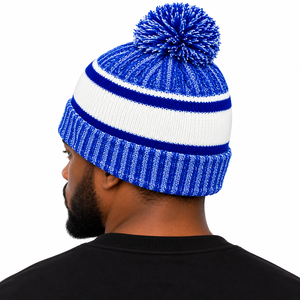 Phi Beta Sigma Royal Blue <b>White</b> GOMAB Knit <b>Pom</b> Beanie Hat Embroidered Greek Letters Warm Winter Cuffed Cap Fraternity Headwear - Product Image 2