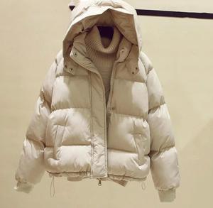 Unisex <b>White</b> Hooded <b>Puffer</b> <b>Jacket</b> Winter Casual Loose Fit Thick Polyester Wadding Windproof Button Closure Short Length - Product Image 3