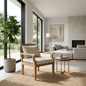 Sofá individual Kaliandra de madera premium, minimalista, de madera maciza de teca, sillón individual para sala de estar, con cojín color crema natural. - Product Image 2