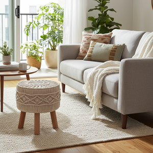 Cotton Round Luxurious Handmade Macrame Covered <b>Ottoman</b> <b>Stool</b> with Wooden Legs Boho Footrest Pouf for Living Room Hotel Cafe - Product Image 5