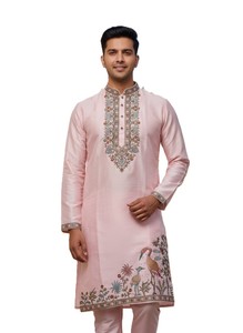 Men's Pink Embroidered Silk <b>Kurta</b> Set Bird Floral Design Traditional <b>Indian</b> Pakistani Wedding Wear Regular Fit Ankle-Length - Product Image 2
