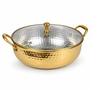 Hammered Brass Casserole Cooking <b>Pot</b> with Glass Lid Double Handles Food Serving Dish Buffet Cookware Hotel Restaurant Catering - Product Image 1