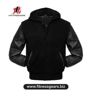 Hooded Varsity Jacket Woolen Body Leather Sleeves Button Closure Winter Casual Wear - Product Image 1