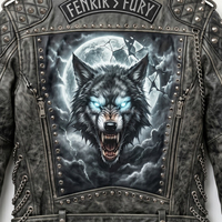 Blouson de motard en cuir gris vieilli pour homme, avec patch brodé motif loup et clous lourds, style punk rock, vêtement d'extérieur moto hiver 480g