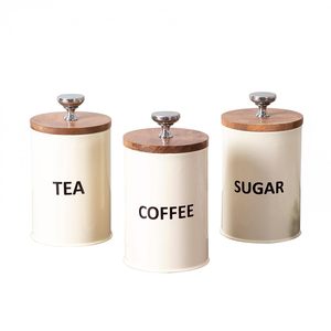 กระป๋องเก็บของในครัวพร้อมฝาไม้ ภาชนะโลหะสำหรับเก็บน้ำตาล กาแฟ ชา - Product Image 2