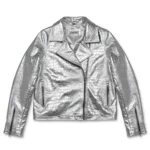 Unisex zilveren croc-geprägte imitatieleer motorjas met asymmetrische rits, croco-structuur, modieus buitenkleding, custom OEM - Product Image 1