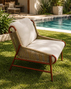 Contemporary Rattan <b>Garden</b> <b>Chair</b> Set with Beige Cushions Tapered Legs Outdoor Furniture Durable Aluminum Frame <b>Teak</b> Table - Product Image 6