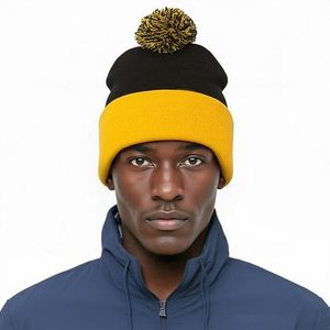 Yellow and Black Knitted Beanie <b>Hat</b> with Pom Pom for <b>Men</b> Casual <b>Winter</b> Warm Cap Handmade Acrylic 56-58CM - Product Image 1