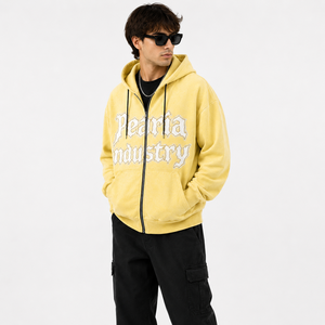 Sudadera con capucha amarilla con cremallera completa, bordado de letras, con bolsillo, estilo casual urbano, top de chándal - Product Image 1