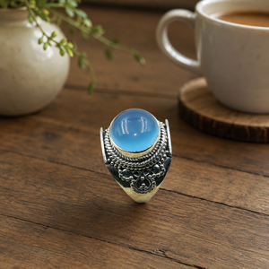 925 Sterling Silver Blue Chalcedony Cabochon <b>Statement</b> <b>Ring</b> Handmade Vintage Artisan Boho Gemstone Gold Plated Rose Gold <b>Ring</b> - Product Image 4
