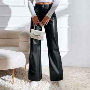 Pantalon évasé en cuir brillant taille haute pour femme, cinq poches, fermeture éclair et bouton - Product Image 2