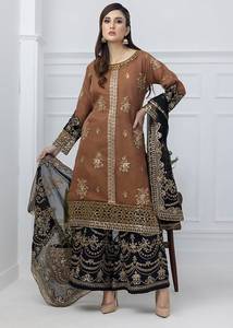 Robe de soirée et de mariage longue en nylon sergé marron brodé avec dupatta noir pour femme, infroissable et anti-UV - Product Image 1