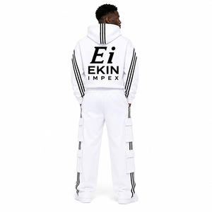 Conjunto de Sudadera y Pantalones Cargo de Dos Piezas para Hombre con Logotipo Personalizado, Sudadera con Capucha Gruesa de Color Sólido, Pantalones Cargo de Pierna Ancha, Ropa Urbana Holgada, 100% Algodón Felpa - Product Image 4