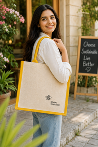 Reusable Jute Handled Shopping <b>Bag</b> with Letter Pattern Yellow Trim <b>Medium</b> <b>Size</b> for Supermarket Use - Product Image 5