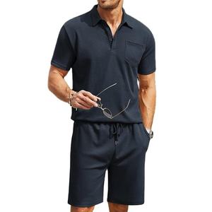 Wholesale High Quality Casual Mens Summer Outfits 2 Piece Knitted Breathable Shorts and Shirt Set for Men - Product Image 2