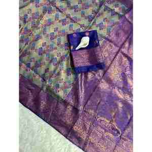 DISEÑADOR KANJIVARAM SEDA COBRE Y ORO ZARI TEJIDO TRABAJO SAREE CON PISTA DESCOSTADA - Product Image 3