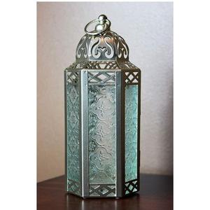 Lanterne en verre bleu de style arabe, porte-bougie, décoration de table, décoration du Ramadan, dernières créations de lanternes, revêtement en poudre noire - Product Image 4