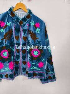 Hand Embroidered <b>Velvet</b> <b>Jacket</b> Women's Floral Prairie Chic Coat Spring Wear Mandarin Collar Full Sleeve Blue Pink Brown Design - Product Image 5