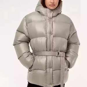 Women's Gray <b>Quilted</b> Puffer Jacket With Hood Full Sleeve <b>Winter</b> Warm Coat Solid Color Polyester Wadding Thick Design - Product Image 3