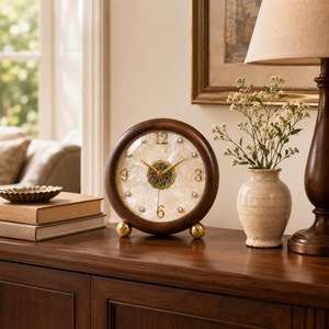 Horloge de bureau circulaire en bois avec cadran perlé, accents dorés, mouvement à quartz silencieux, design traditionnel - Product Image 6