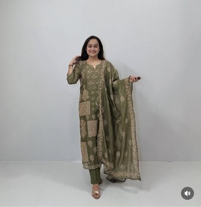 Women's Olive Green Solid Embroidered 2-Piece Loose Fit Long Kurta Dupatta Casual Wear Full Length <b>Linen</b> - Product Image 1