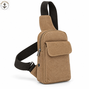 Sac de poitrine compact en toile avec bandoulière rembourrée et poche avant |   Sac bandoulière marron clair avec fermeture éclair pour un usage quotidien - Product Image 1